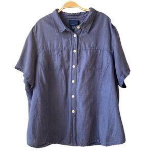 Venezia Womens Linen Blend Button Up Shirt Short Sleeve Size 28 Navy Utility